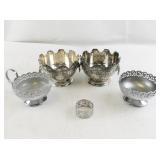 Set of 5 Vintage Silverplate Bowls, Sugar and Creamer with Ornate Detailing