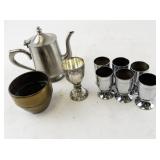 Vintage Metal Tableware Collection Teapot Goblets Chalice and Bowl