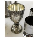 Vintage Metal Tableware Collection Teapot Goblets Chalice and Bowl