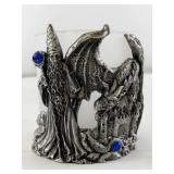 Wizard and Dragon Themed Frosted Glass Candle Holder with Metal Figurine Base
