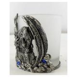 Wizard and Dragon Themed Frosted Glass Candle Holder with Metal Figurine Base
