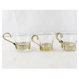 Set of 3 Vintage Glass Cups with Gold-Tone Greek Key Holders