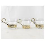 Set of 3 Vintage Glass Cups with Gold-Tone Greek Key Holders