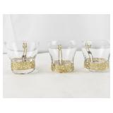 Set of 3 Vintage Glass Cups with Gold-Tone Greek Key Holders