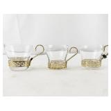 Set of 3 Vintage Glass Cups with Gold-Tone Greek Key Holders