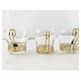 Set of 3 Vintage Glass Cups with Gold-Tone Greek Key Holders