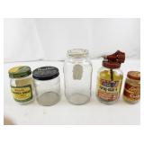 Collection of 5 Vintage Glass Jars Including Miracle Sandwich Spread, Spray-ette, and Coffee Jar