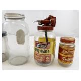 Collection of 5 Vintage Glass Jars Including Miracle Sandwich Spread, Spray-ette, and Coffee Jar