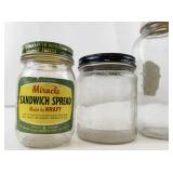 Collection of 5 Vintage Glass Jars Including Miracle Sandwich Spread, Spray-ette, and Coffee Jar