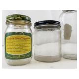Collection of 5 Vintage Glass Jars Including Miracle Sandwich Spread, Spray-ette, and Coffee Jar