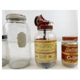 Collection of 5 Vintage Glass Jars Including Miracle Sandwich Spread, Spray-ette, and Coffee Jar