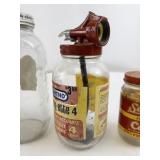 Collection of 5 Vintage Glass Jars Including Miracle Sandwich Spread, Spray-ette, and Coffee Jar