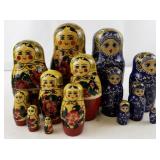 Set of Russian Nesting Dolls in Floral and Blue Patterns