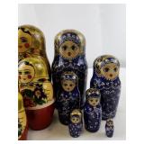 Set of Russian Nesting Dolls in Floral and Blue Patterns