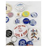 Collection of Vintage Political and Humorous Pinback Buttons and Keychain