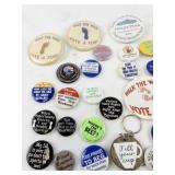Collection of Vintage Political and Humorous Pinback Buttons and Keychain