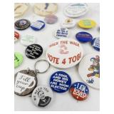 Collection of Vintage Political and Humorous Pinback Buttons and Keychain