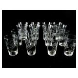 Set of 16 Etched Glass Tumblers with Bird and Floral Motif, 5oz and 8oz Sizes