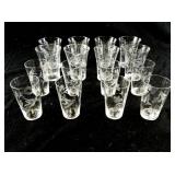 Set of 16 Etched Glass Tumblers with Bird and Floral Motif, 5oz and 8oz Sizes