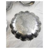 Collection of 4 Vintage 1940s Hammered Aluminum Serving Trays and Dishes