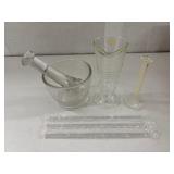 Vintage & New Laboratory Glassware and Tools - Spatulas, Cleaning Brush, Mortar & Pestle, Graduated Beaker, Cylinder, Stirring Rods Vintage & New Laboratory Glassware and Tools - Spatulas, Cleaning Brush, Mortar & Pestle, Graduated Beaker, Cylinder, Stirring Rods