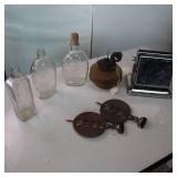 Vintage Lot of Glass Bottles, Old Time Toaster and Cast Iron Flue baffles
