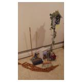 Floor Birdhouse, Macrame Hanger, 2 License Plate Dust Pans and Vintage Dustpan