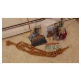 Floor Birdhouse, Macrame Hanger, 2 License Plate Dust Pans and Vintage Dustpan