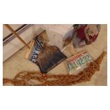 Floor Birdhouse, Macrame Hanger, 2 License Plate Dust Pans and Vintage Dustpan
