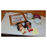 Vintage Pyrex Sugar and Creamer, 2 Indian Dolls, Cast Iron Bank and Framed Currency