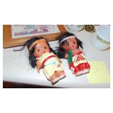 Vintage Pyrex Sugar and Creamer, 2 Indian Dolls, Cast Iron Bank and Framed Currency