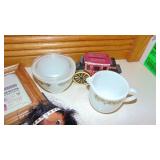 Vintage Pyrex Sugar and Creamer, 2 Indian Dolls, Cast Iron Bank and Framed Currency