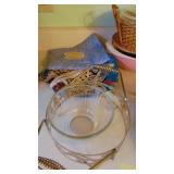 Silverware, Glass Baking Pans, Potholders, and Pink Pyrex Dish