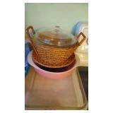 Silverware, Glass Baking Pans, Potholders, and Pink Pyrex Dish