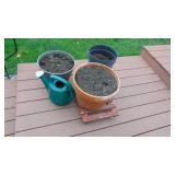 3 Large Planters, Watering Can, Gaarden Statue and Black Yard Frame