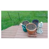 3 Large Planters, Watering Can, Gaarden Statue and Black Yard Frame