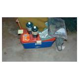 Lot of Camping Items, 3 Folding Chairs, Cooler, Badminton Set, 8 x 10 Tarp and Misc
