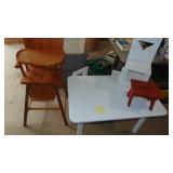 Handcrafted Childs Table with 3 Chairs, Small Red Stool and Vintage Wood Highchair