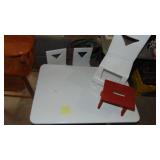 Handcrafted Childs Table with 3 Chairs, Small Red Stool and Vintage Wood Highchair