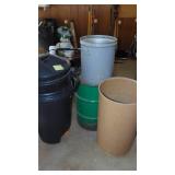 Various Trash Cans and Metal Drum