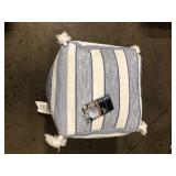 Hampton Bay 18 in. x 18 in. x 18 in. White and Blue Square Outdoor Pouf with Tassel  Customer Returns See Pictures