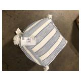 Hampton Bay 18 in. x 18 in. x 18 in. White and Blue Square Outdoor Pouf with Tassel  Customer Returns See Pictures