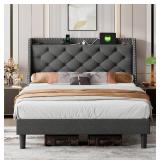 iPormis Full Bed Frame with 16" Comfort Wingback & Charging Station, Upholstered Platform Bed with Button Tufted Storage Headboard, Solid Wood Slats Support, No Box Spring Needed, Dark Grey