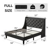 iPormis Full Bed Frame with 16" Comfort Wingback & Charging Station, Upholstered Platform Bed with Button Tufted Storage Headboard, Solid Wood Slats Support, No Box Spring Needed, Dark Grey