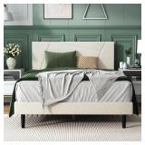 Full Size Bed Frame, Full Platform Bed Frame with Velvet Upholstered Headboard, Geometric, Sturdy Frame and Wooden Slats, Noiseless, No Box Spring Required, Easy to Assemble Beige