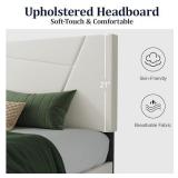 Full Size Bed Frame, Full Platform Bed Frame with Velvet Upholstered Headboard, Geometric, Sturdy Frame and Wooden Slats, Noiseless, No Box Spring Required, Easy to Assemble Beige