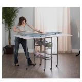 Hobby Craft 60 in. W x 36 in. D MDF Folding Fabric Cutting Table with Drawers, Adjustable Height, Silver / White