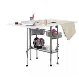 Hobby Craft 60 in. W x 36 in. D MDF Folding Fabric Cutting Table with Drawers, Adjustable Height, Silver / White