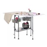 Hobby Craft 60 in. W x 36 in. D MDF Folding Fabric Cutting Table with Drawers, Adjustable Height, Silver / White