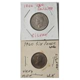 1942 One Shilling - Silver Coin and 1960 Six Pence - Silver Coin